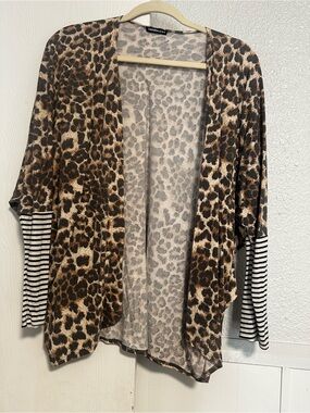 Leopard Print Open Cardigan with Striped Sleeve Accents - Brown